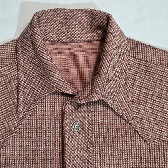 VINTAGE MENS MEDIUM 60'S 70'S POLY HEAVY LS SHIRT WING COLLAR PLAID GRAY SALMON - Picture 2 of 8